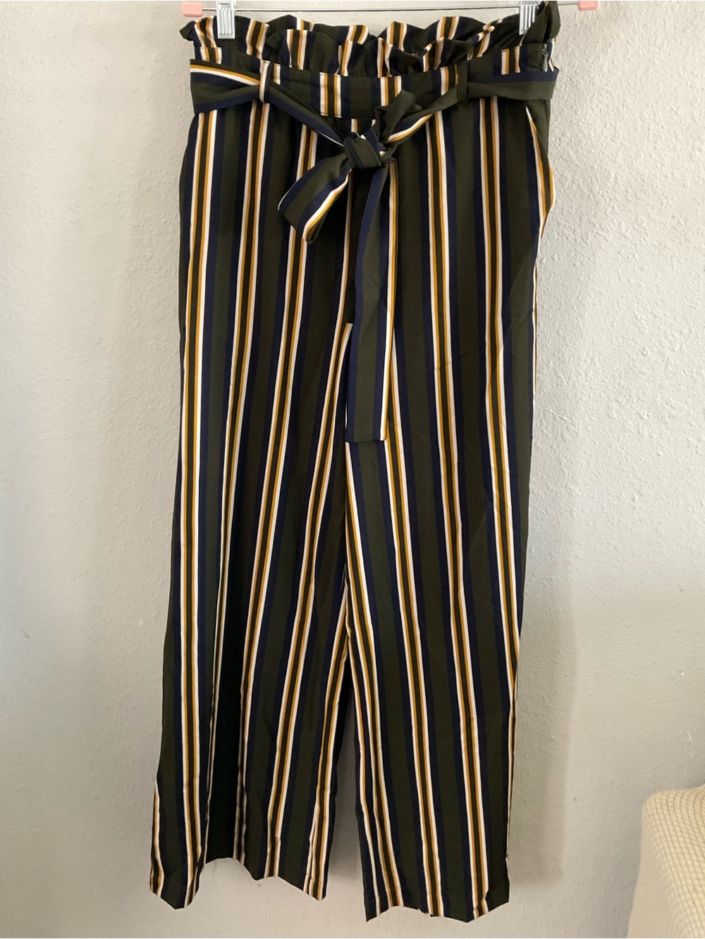 Forever 21 Black, Mustard & Cream Vertical Stripe Paperbag Pants